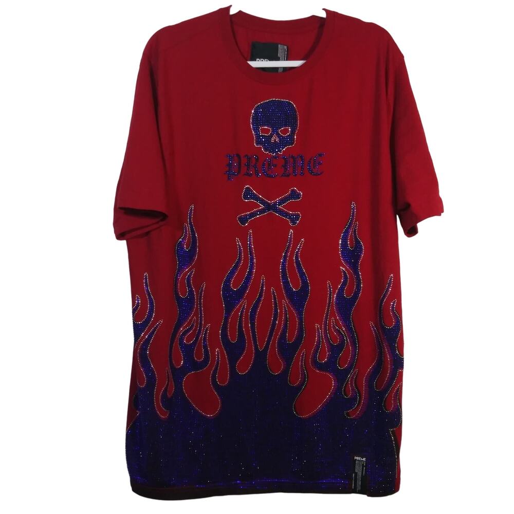 PREME Red Skull & Flames Mens Blue Rhinestone Shirt Size Streetwear 3XL